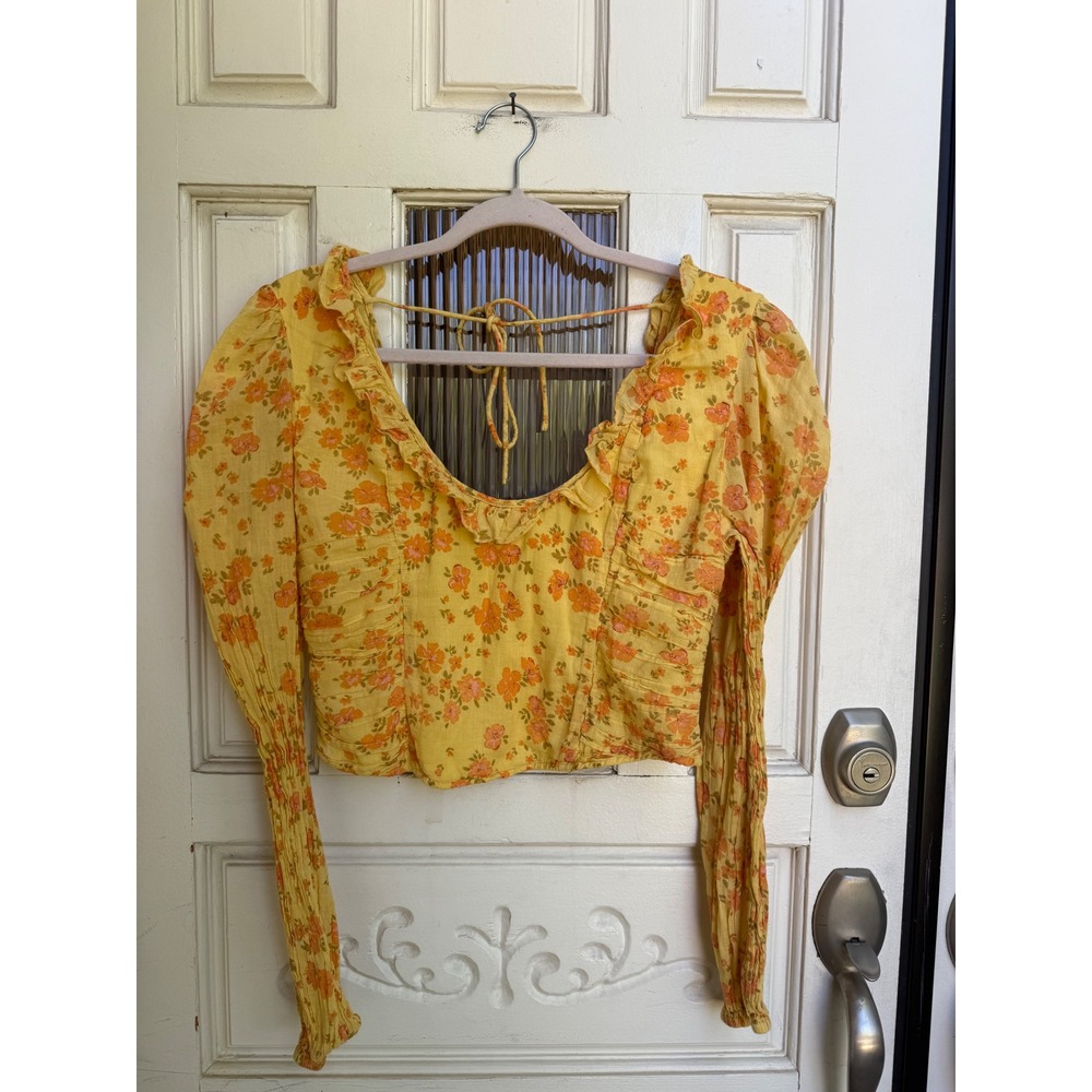 Free People Yellow Floral Smocked Back Ruffle Crop Top‎ Long Sleeve Size Medium